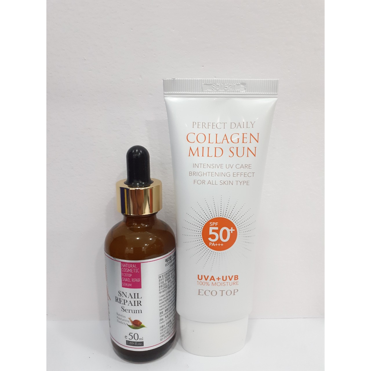 Combo serum dưỡng ẩm ốc sên Ecotop 50ml+ Kem chống nắng collagen hằng ngày SPF50+ Ecotop 70ml (Tặng 1 hộp mặt nạ Jant Blanc 10 miếng)