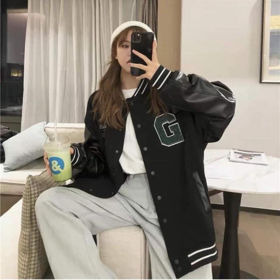 Áo khoác thu đông nam nữ kiểu bomber phối tay da chữ G cúc bấm trẻ trung cá tính/ Áo nỉ dáng rộng ulzzang siêu hàn quốc