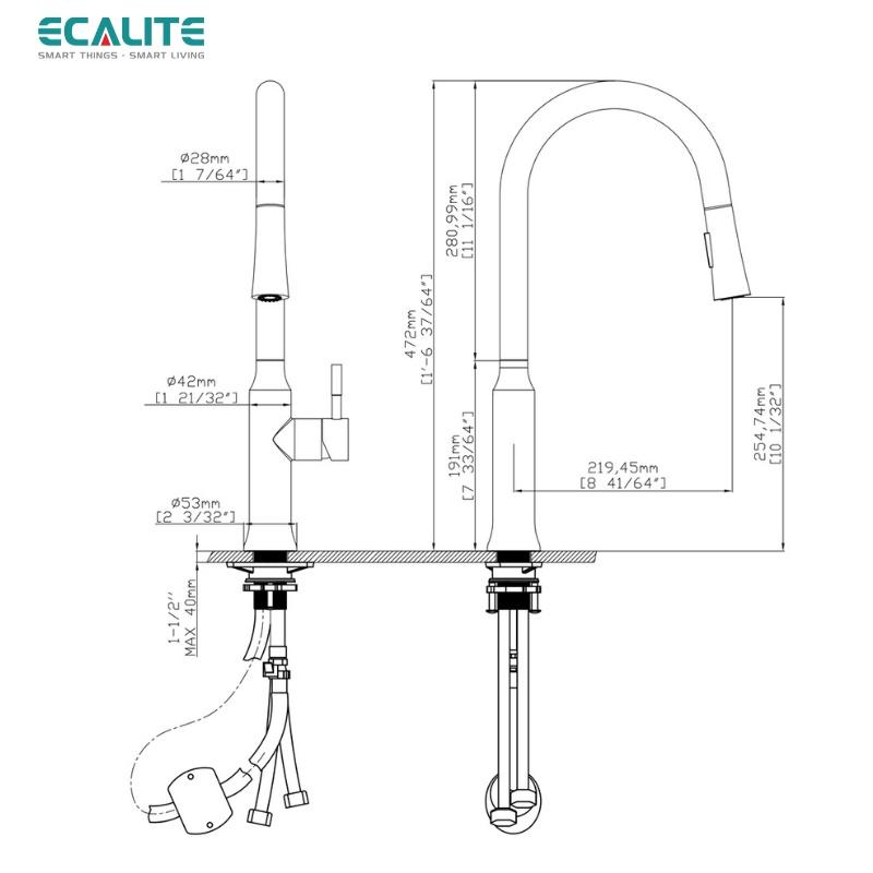 Vòi Rửa Chén Nóng Lạnh Pull-down Ecalite EF-K134B - Có Dây Rút - Điều Chỉnh Tia Nước - Đồng Thau Sơn Đen - Hàng Chính Hãng