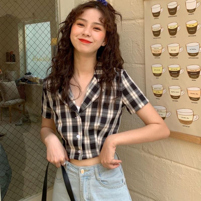 Áo sơ mi nữ họa tiết sọc caro phong cách Hàn Quốc tay ngắn