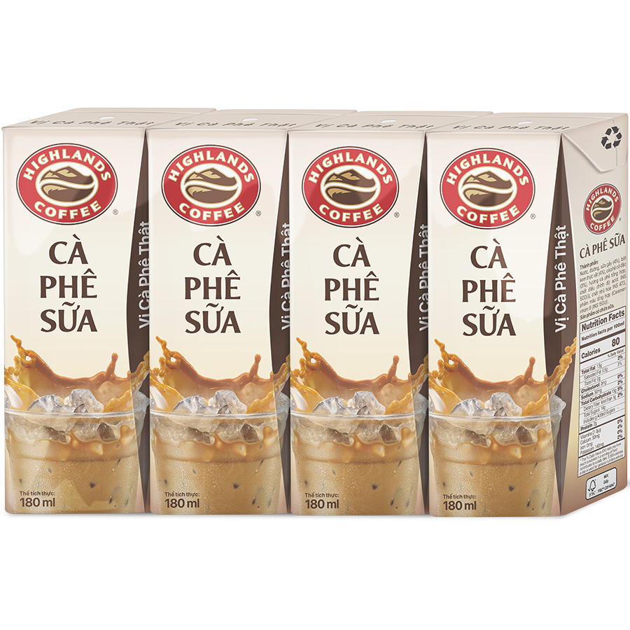 Lốc 4 Hộp Highlands Coffee Cà Phê Sữa Tetra Pack (180ml x 4 Hộp)