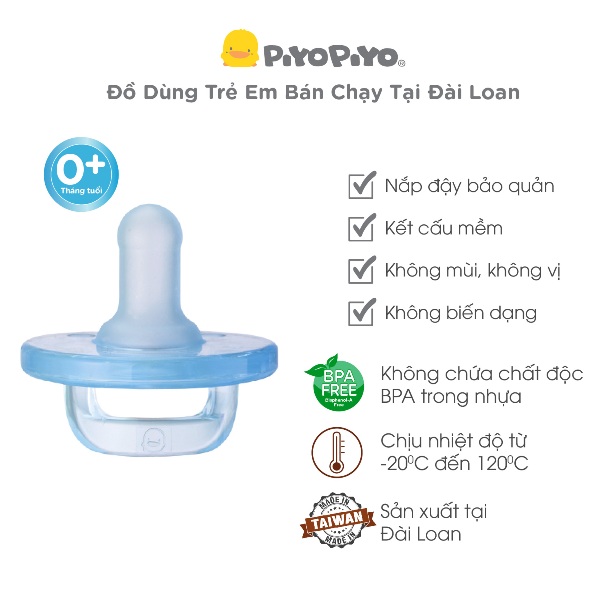 Ty ngậm silicone nguyên khối kèm nắp Piyo Piyo, cho trẻ sơ sinh đến 6 tháng tuổi, màu xanh dương