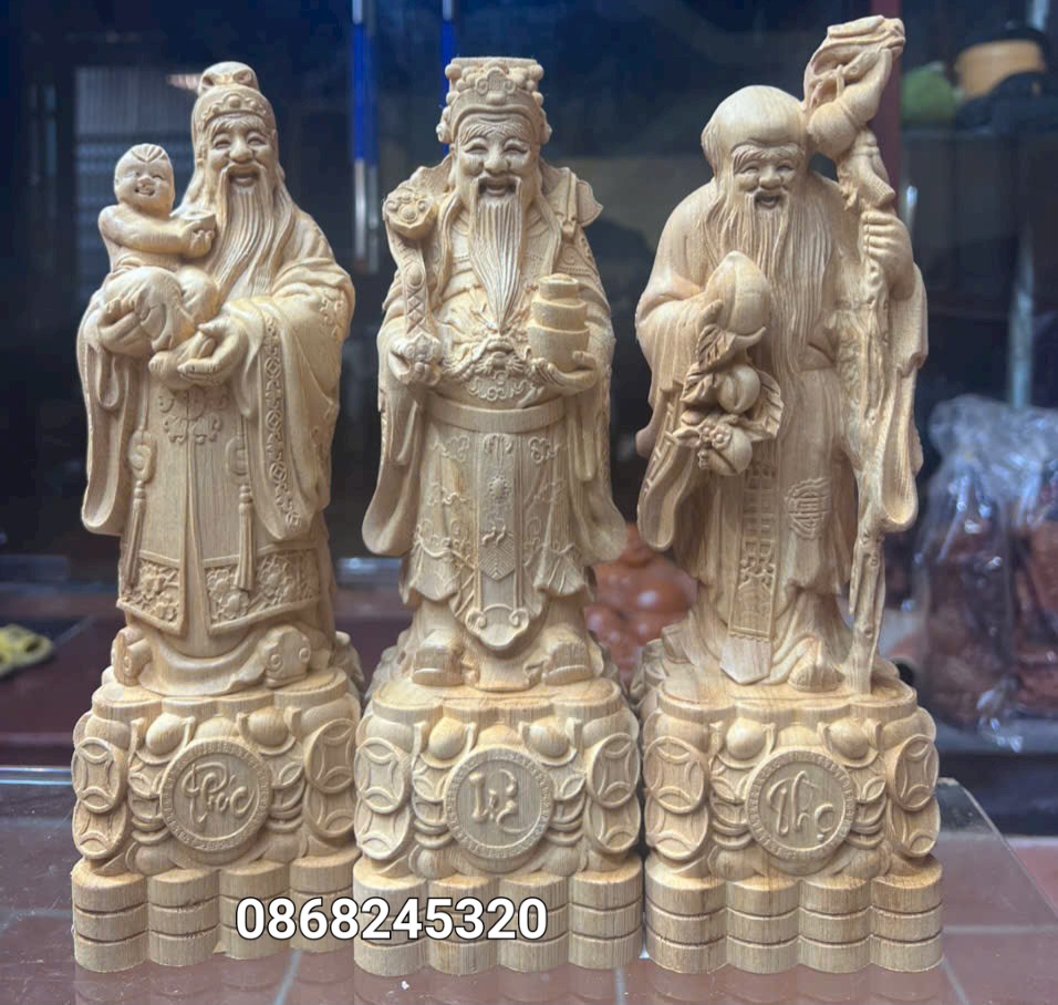 Bộ Tam đa phúc lộc thọ bằng gỗ ngọc am thơm nức kt cao 30×11×9cm