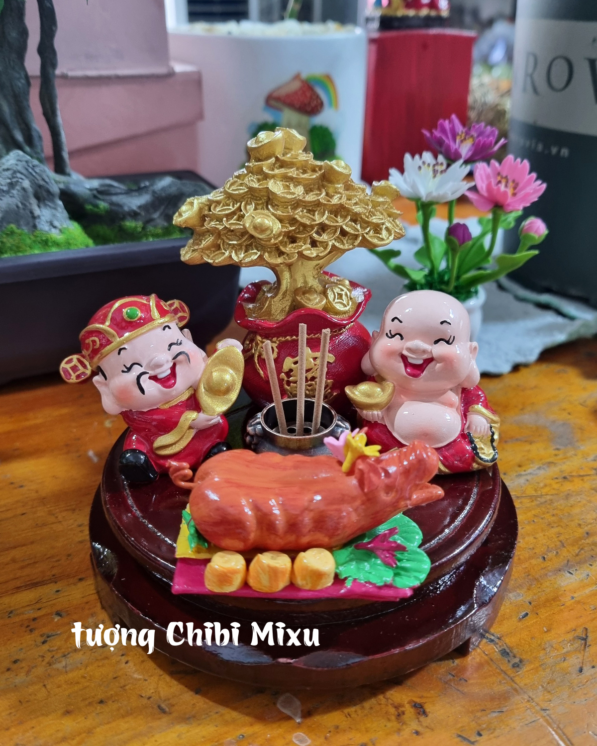 Combo Thần Tài Thổ Địa 299K (gồm 2 tượng 4cm + cây tiền + lư + heo bánh bao bột đá + đế 10cm) tặng kèm 10 nhang