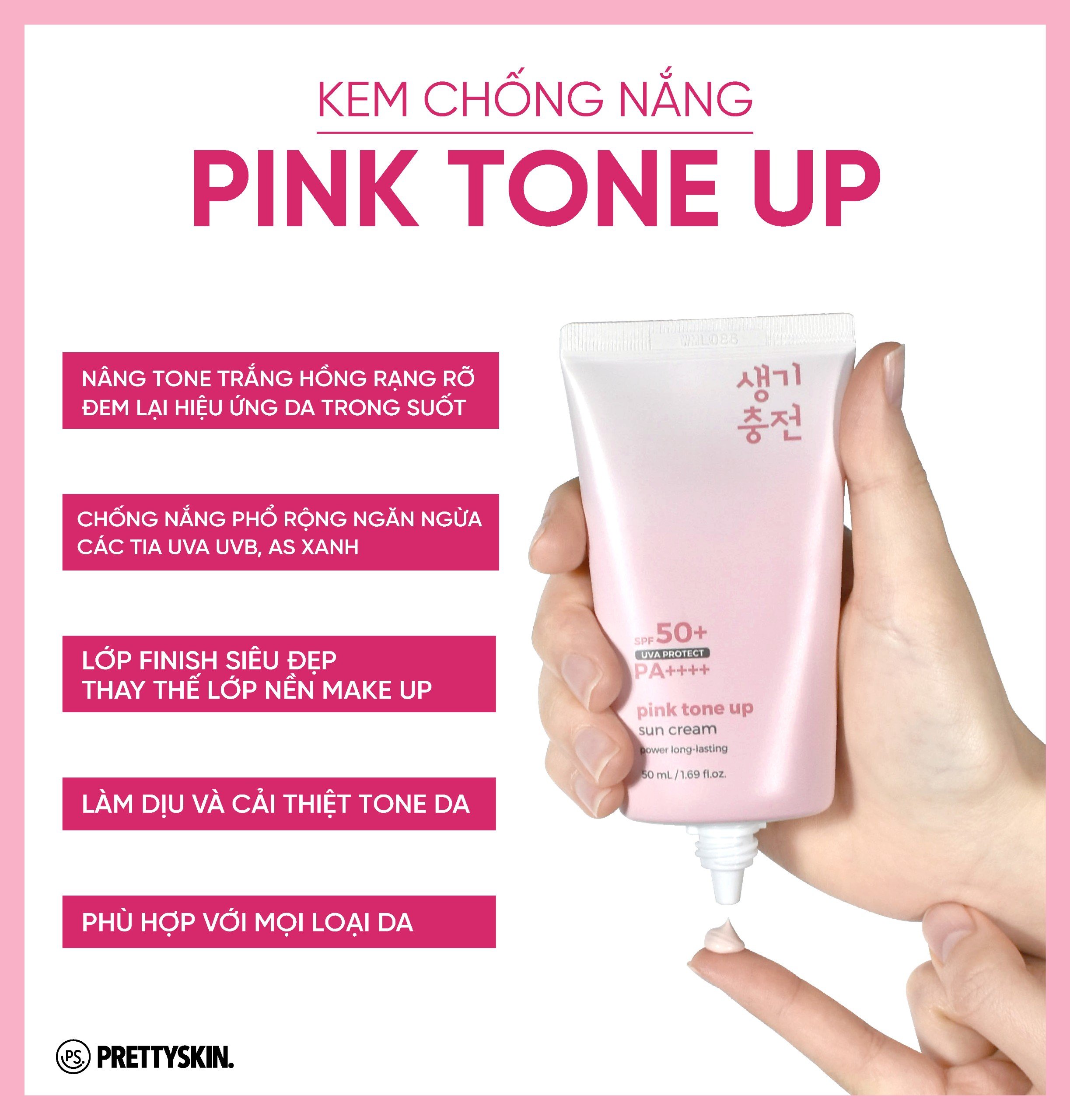 Kem chống nắng nâng tone trắng hồng Prettyskin Pink Tone Up SPF 50+ PA++++