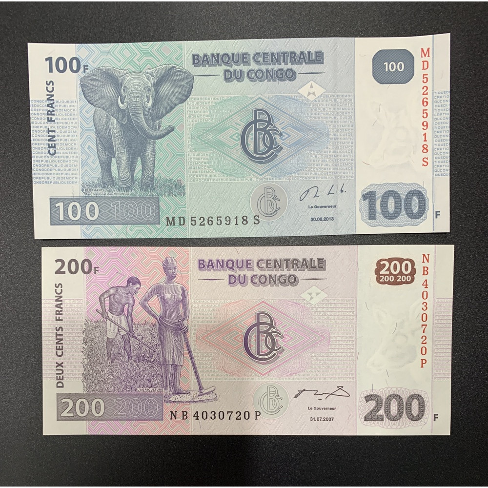 Cặp 2 tờ tiền cộng hòa Congo 100 200 Francs sưu tầm - Mới 100% UNC - tiền châu Phi