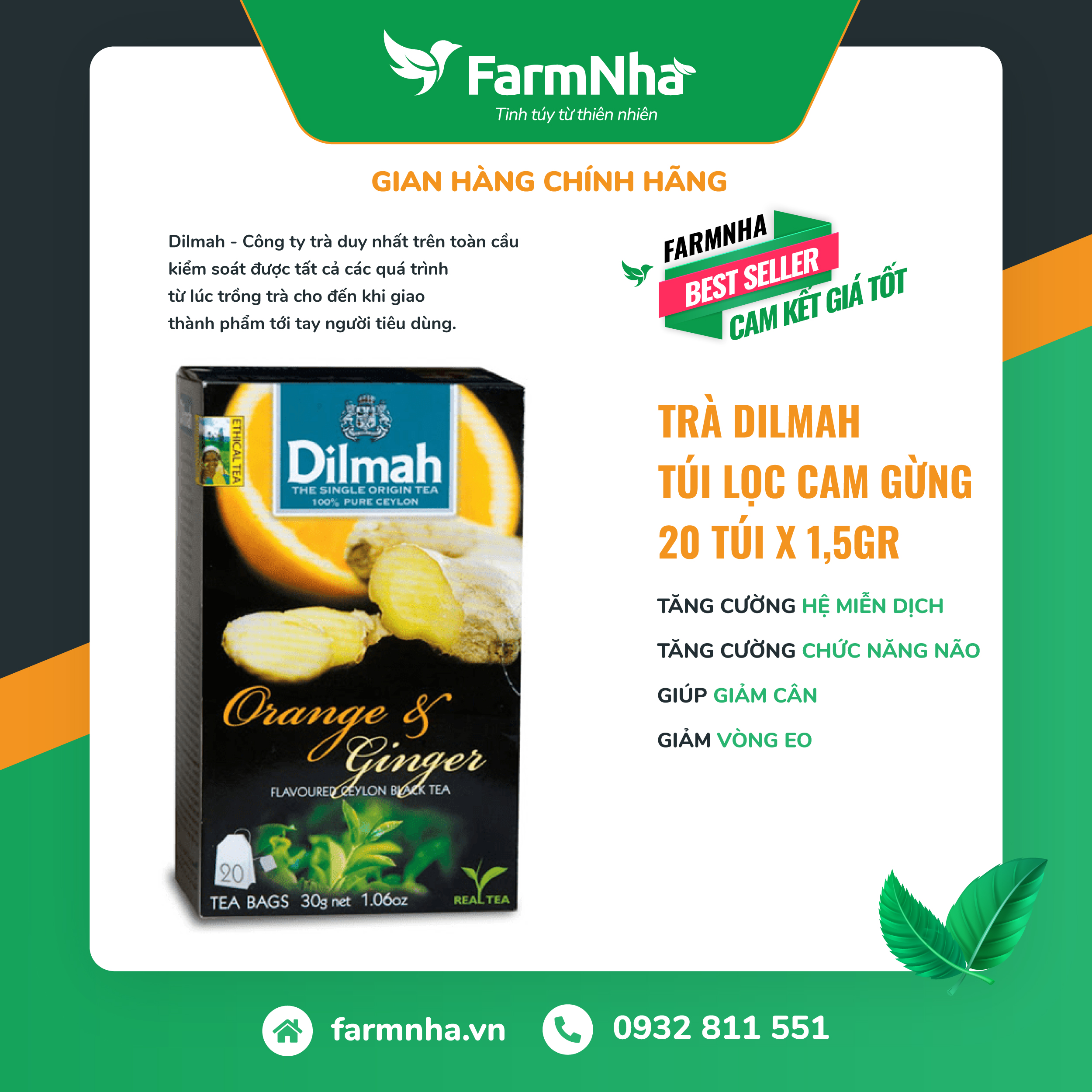 Trà Dilmah Orange &amp; Ginger (Trà Cam Gừng) túi lọc 30g 20 túi x 1.5g - Tinh hoa trà Sri Lanka