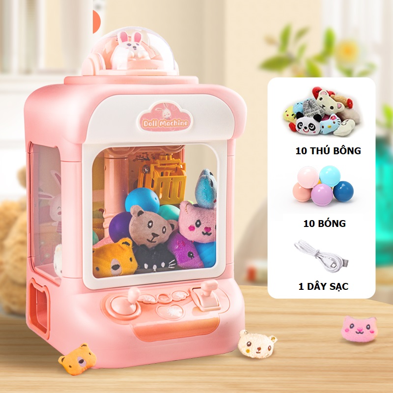 Máy gắp thú mini giá rẻ kèm gấu bông và bóng đồ chơi cho bé có đèn nhạc chạy pin sạc, quà tặng sinh nhật cho bé