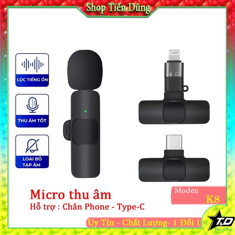 Mic thu âm cài áo K8 dùng cho các điện thoại hỗ trợ 2 chân type C kèm jack chuyển light-ning để kết nối dòng có 1 micro