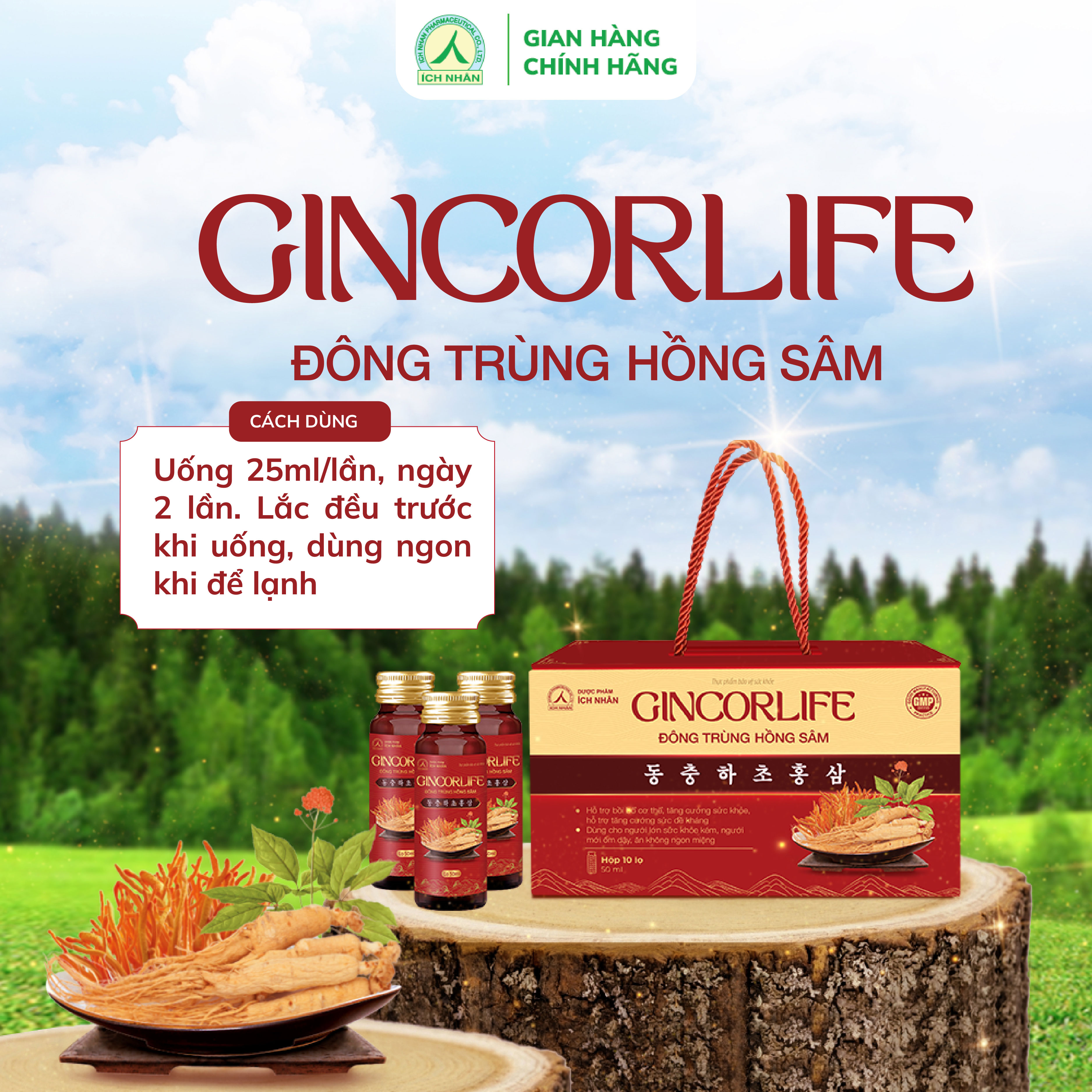 Nước hồng sâm GINCORLIFE Đông Trùng Hồng Sâm bồi bổ cơ thể, tăng cường sức đề kháng, khỏe mạnh hơn hộp 10 chai x 50ml