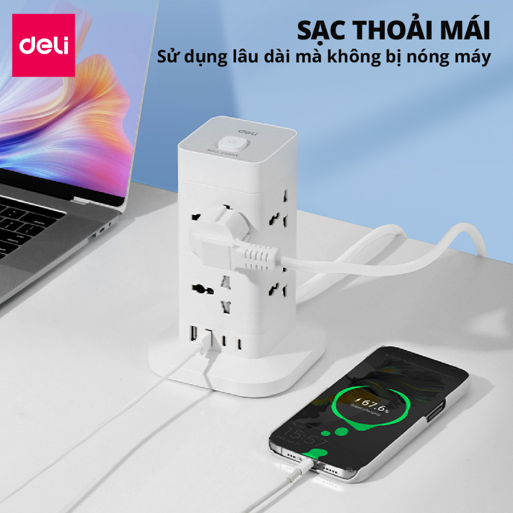 Ổ cắm điện đa năng Deli Công Suất 2500W - Tích Hợp Ổ USB & Type C Thiết Kế Cầu Chì Tự Ngắt Khi Quá Tải, Nắp Chống Giật