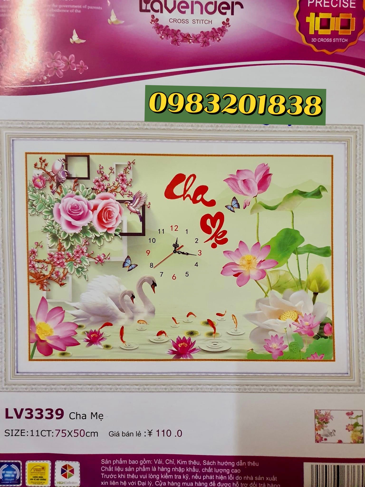 Tranh thêu đồng hồ chữ Cha mẹ LV3339, kích thước 75 x 50 cm