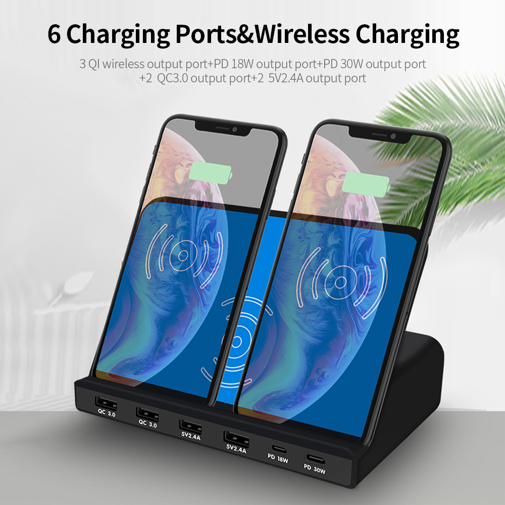 Bộ sạc 819 6 cổng USB Không dây PD + QC3.0 đa chức năng cho điện thoại di động / máy tính bảng / máy tính xách tay