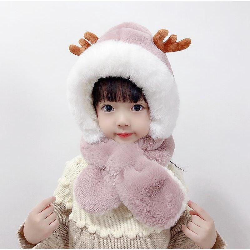Mũ len cho bé trai gái chùm đầu kem khăn dễ thương mùa đông cực ấm có hai sừng hươu