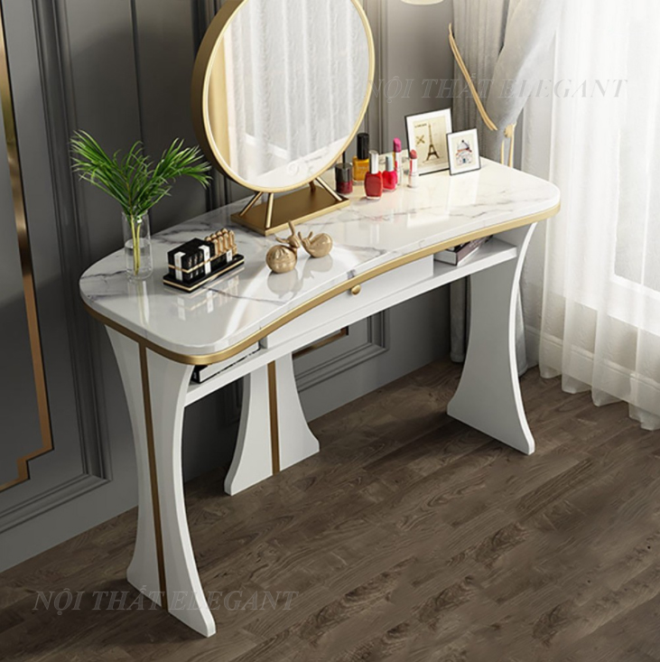 Bộ bàn trang điểm cao cấp Vanity White Faux Top, sang trọng, mặt đá Ceramic, với gương lớn – EL-TD16