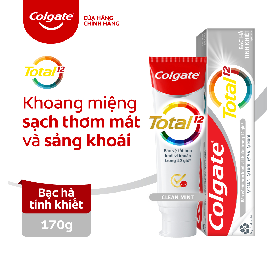 Kem đánh răng Colgate diệt vi khuẩn Total Clean Mint hương bạc hà bảo vệ toàn diện 12h 170g/tuýp