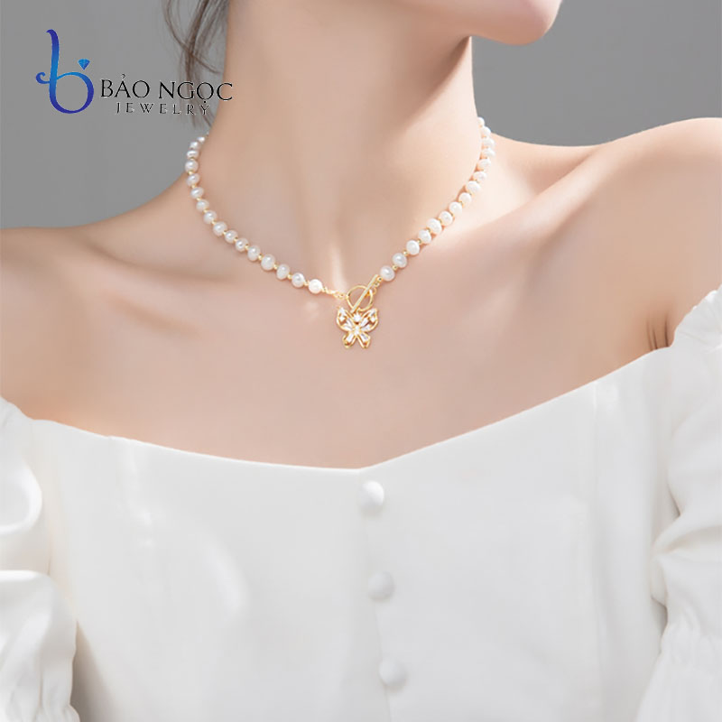 Vòng Chocker Ngọc Trai Nuôi Tự Nhiên, Dây Chuyền Bạc S295 Ngọc Nhí Mặt Charm Hình Bướm Độc Đáo - DB2811 - Bảo Ngọc Jewelry