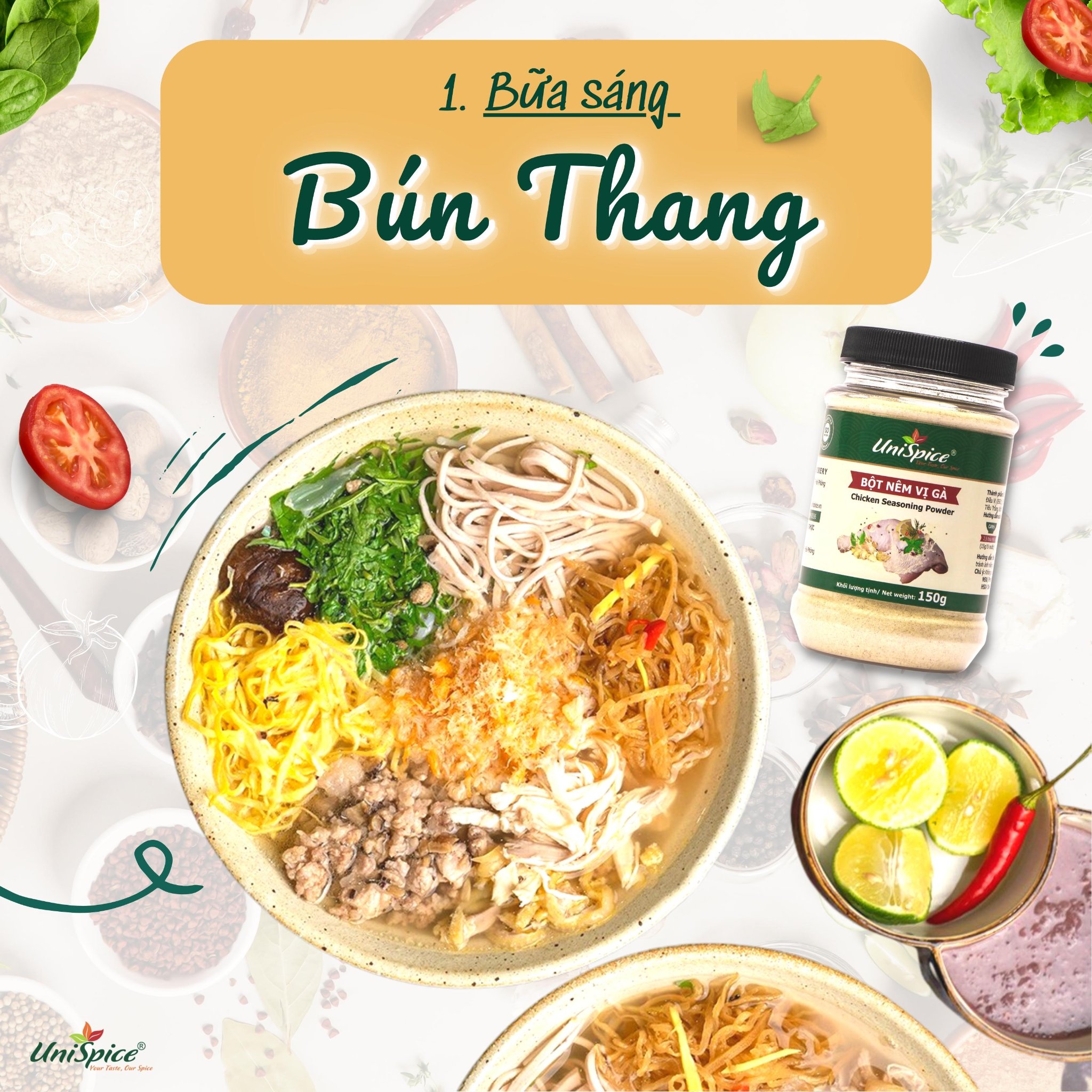 Bột nêm vị gà Unispice lọ 150g- Gia vị hoàn chỉnh/ Gia vị ướp thịt, nấu soup siêu ngon