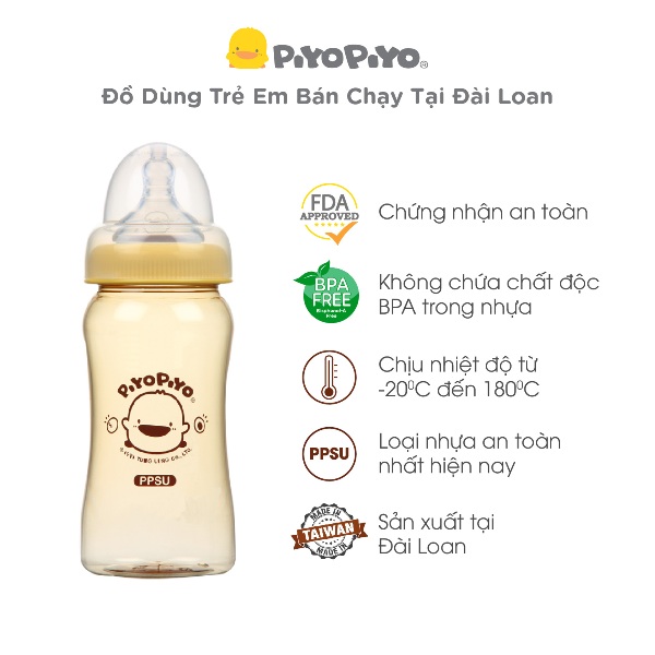 Bình sữa cổ rộng Piyo Piyo 240ml nhựa PPSU chịu nhiệt tới 180 độ, thân bình cong dễ cầm