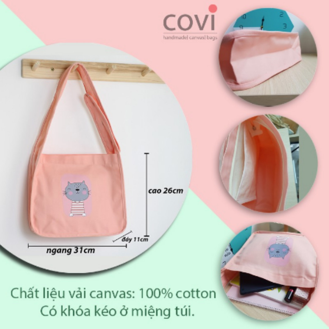 Túi tote đeo chéo vải canvas phom bầu dây quai liền phối 3 hạt nút thời trang COVI nhiều màu sắc T21