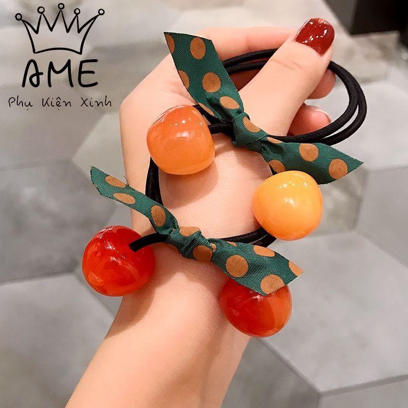 Chun Buộc Tóc Hình Quả Cherry đính nơ, dây cột tóc đơn điệu dễ thương hot trend