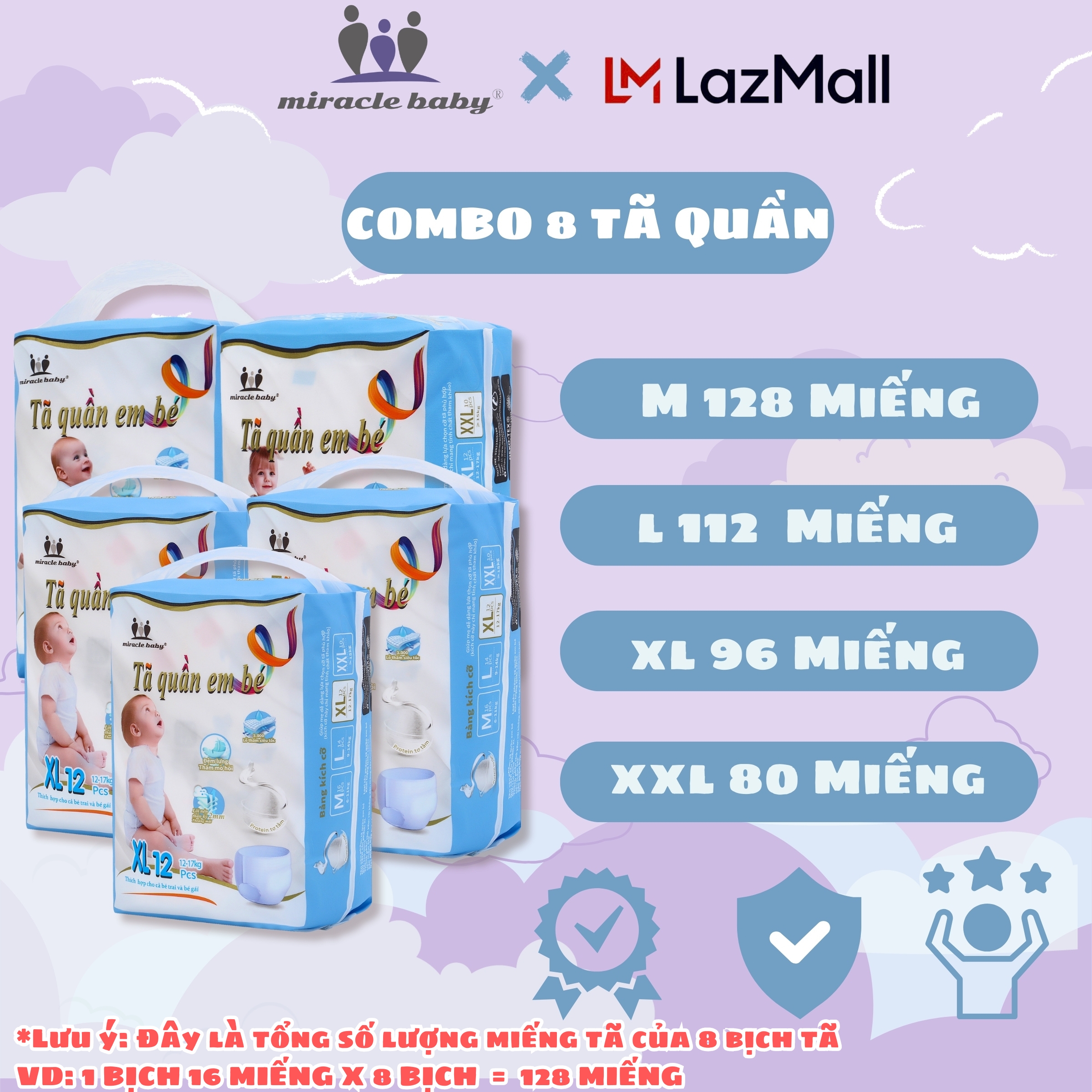 [COMBO 8] Tã quần / Bỉm quần Miracle Baby cho bé sơ sinh chất liệu Protein tơ tầm có 5 size M/L/XL/XXL