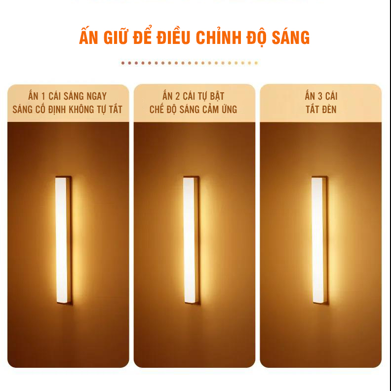 Đèn Cảm Ứng Dán Tường LED Vàng công suất 3W Chiếu Sáng 30cm, sạc pin USB