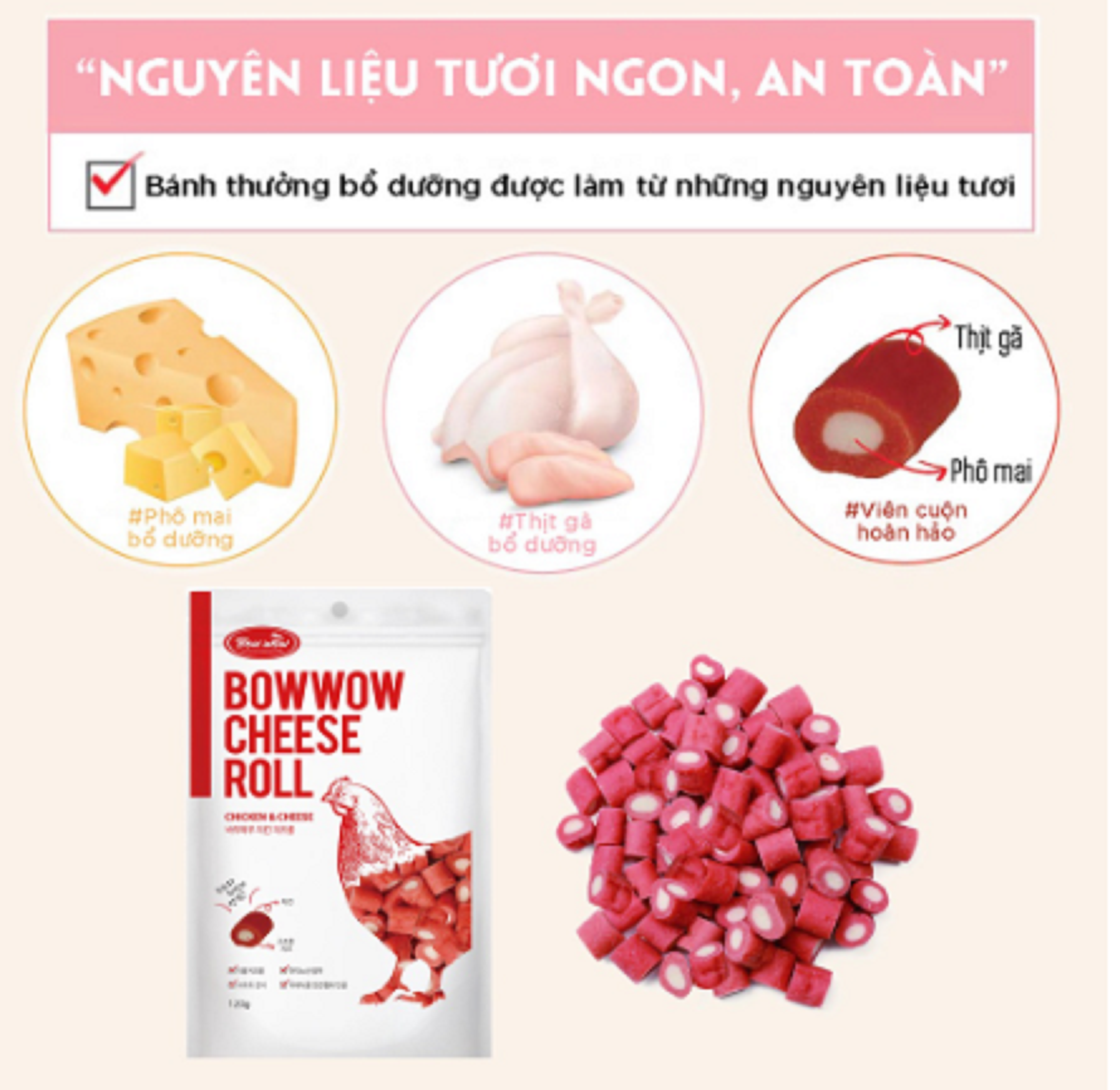 Snack cho chó viên phô mai cuộn gà / cá hồi - BowWow Cheese Roll Chicken / Salmon 120g