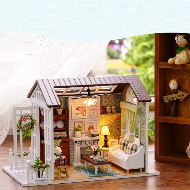 Mô hình nhà DIY Doll House American Retro Style Kèm Đèn LED và MICA chống bụi