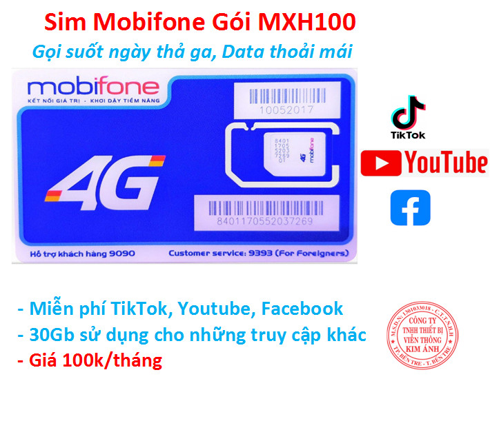 Sim dùng mãi Mobifone 4G gói MXH100, miễn phí 30GB, data mạng xã hội và gọi, Hàng chính hãng