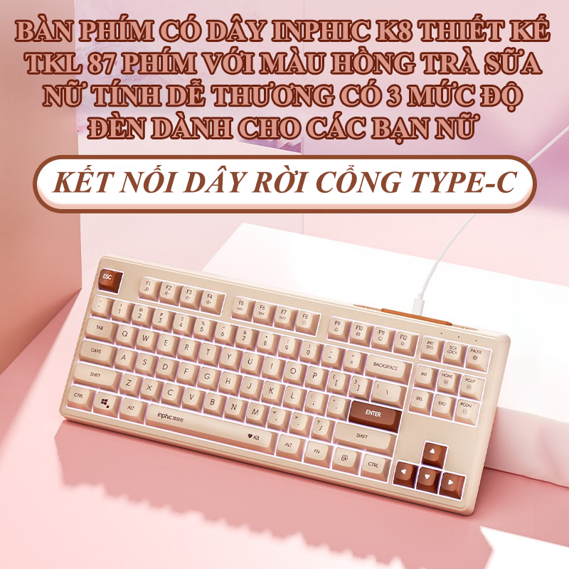 Combo bàn phím và chuột có dây chuyên game INPHIC K8 + PW5N có led thiết kế màu trà sữa dành cho các nữ game thủ - Hàng Chính Hãng