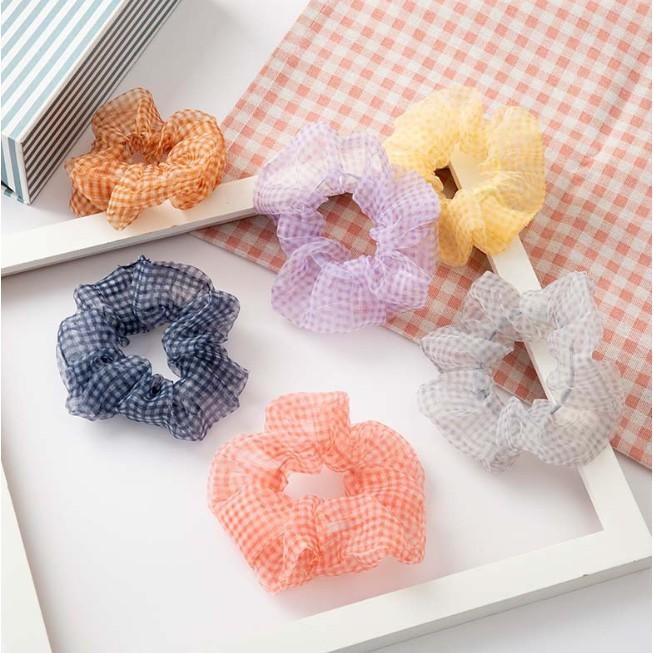 Dây buộc tóc kẻ caro tinh tế vòng lớn Scrunchies xinh xắn HD50