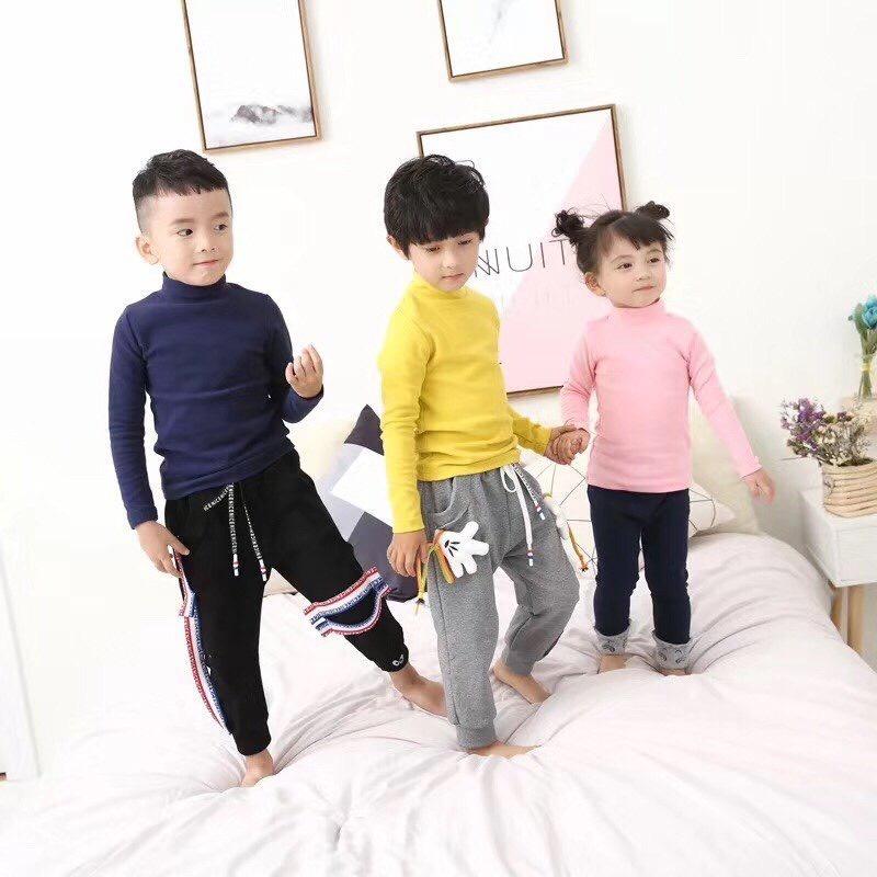 Áo thun bé trai dài tay 2-7 tuổi cao cổ trơn nhiều màu vải cotton len dày dặn, Áo giữ nhiệt cho bé hàng Quảng Châu