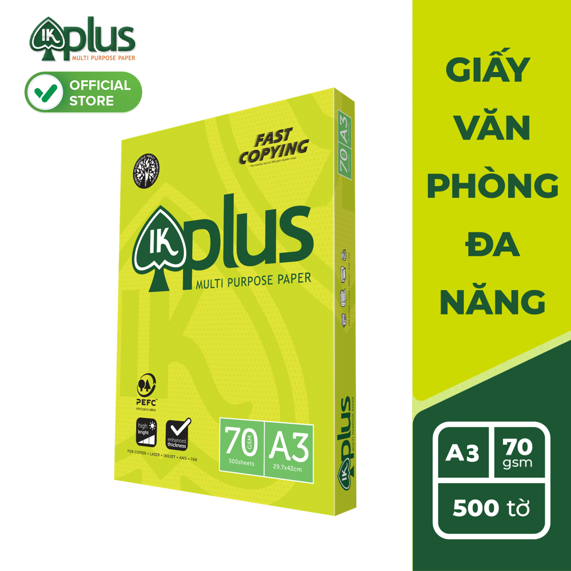 Giấy IK PLUS A3 Định lượng 70gsm Độ sáng 98%   - Giấy photo, giấy in văn phòng, giấy vẽ - Hàng chính hãng