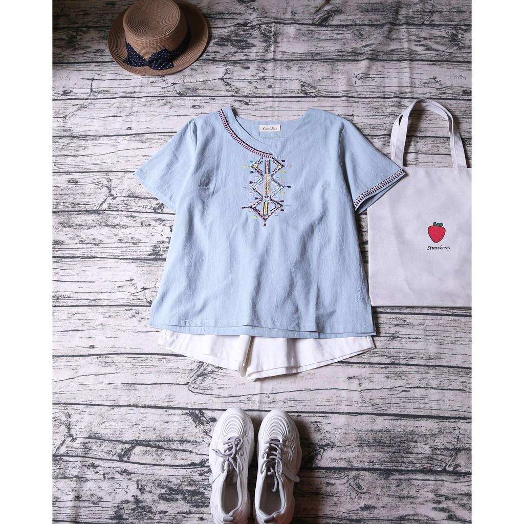 ÁO THÔ LINEN THÊU HỌA TIẾT VÀ VIỀN TAY