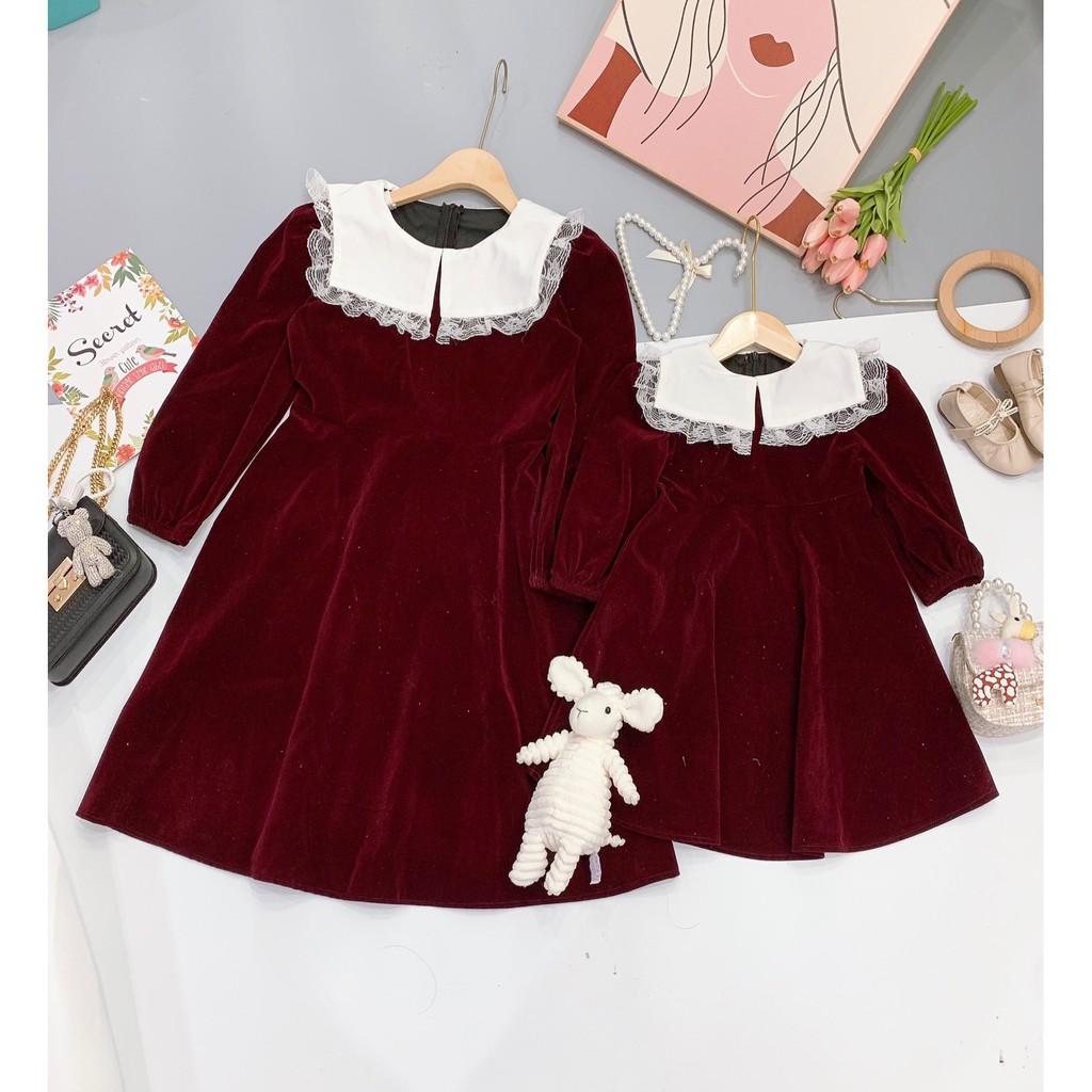 VÁY NHUNG ĐỎ CỔ TRẮNG MẸ CON