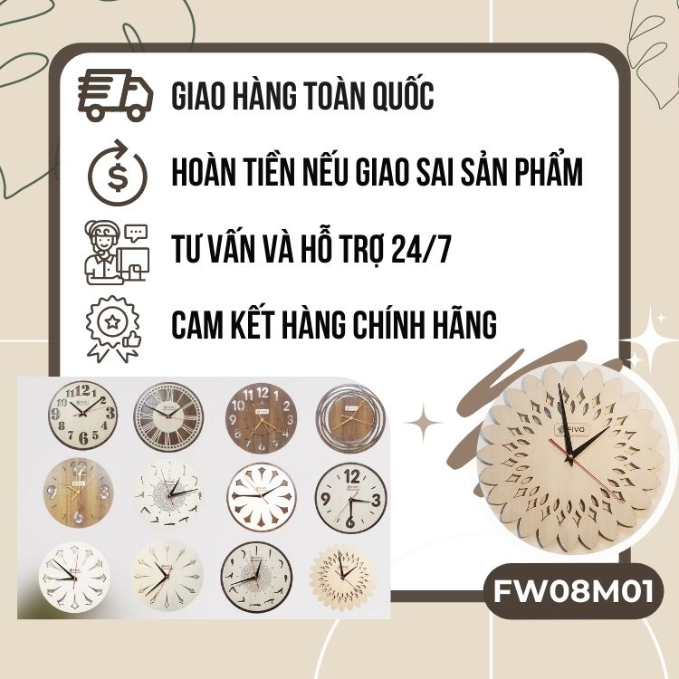 Đồng Hồ Treo Tường Gỗ Đẹp, Hiện Đại, Thương Hiệu FIVO Mẫu FW08 Hình Hoa Hướng Dương