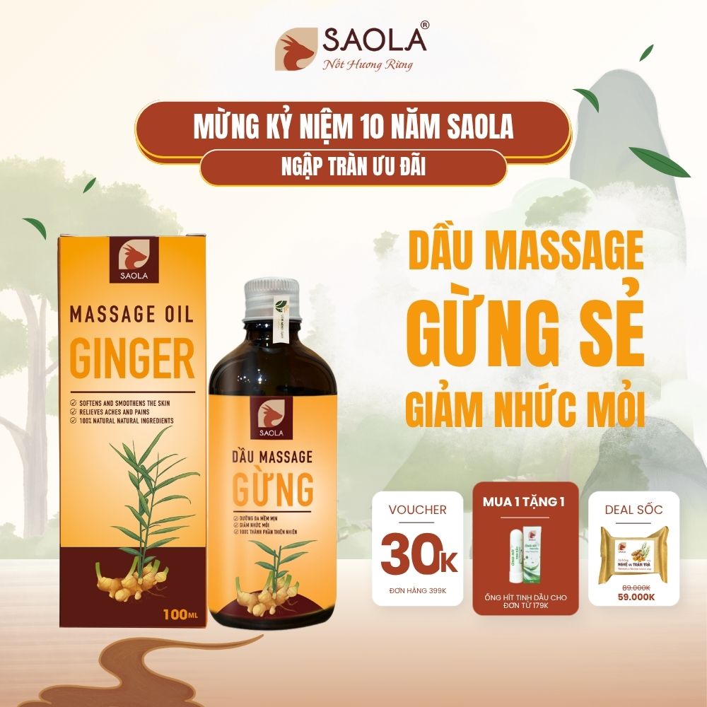Dầu Massage Body Saola, Gừng Huế, Làm Ấm Cơ Thể, Giảm Đau Xương Khớp, Mỡ Bụng, Tự Nhiên,100ml