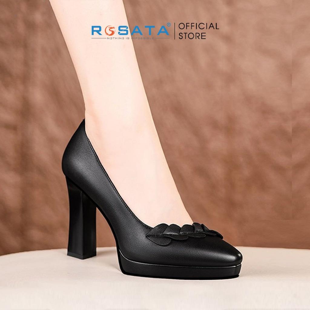 Giày cao gót đế vuông 8 phân mũi nhọn công sở nữ phối họa tiết ROSATA RO441 ( Bảo Hành 12 Tháng ) - ĐEN