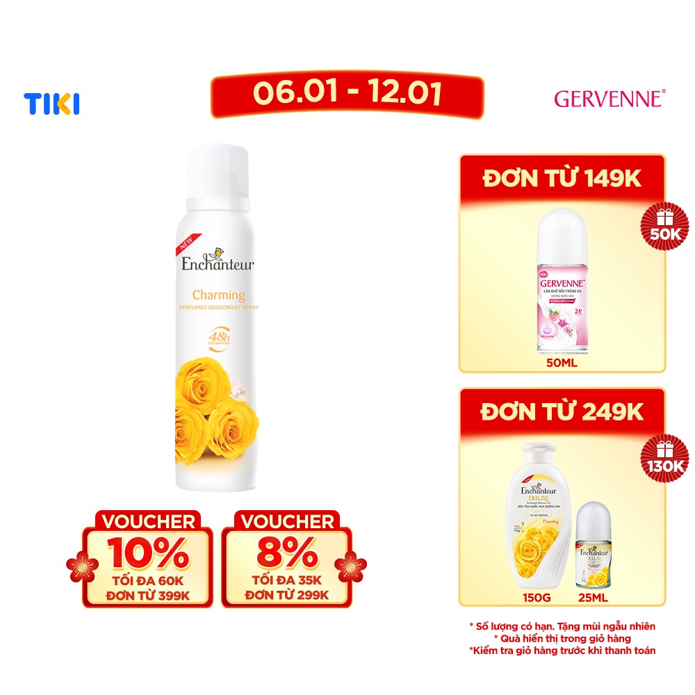 Xịt khử mùi nước hoa Enchanteur Charming nồng nàn duyên dáng ngăn mồ hôi & mùi cơ thể 150ml