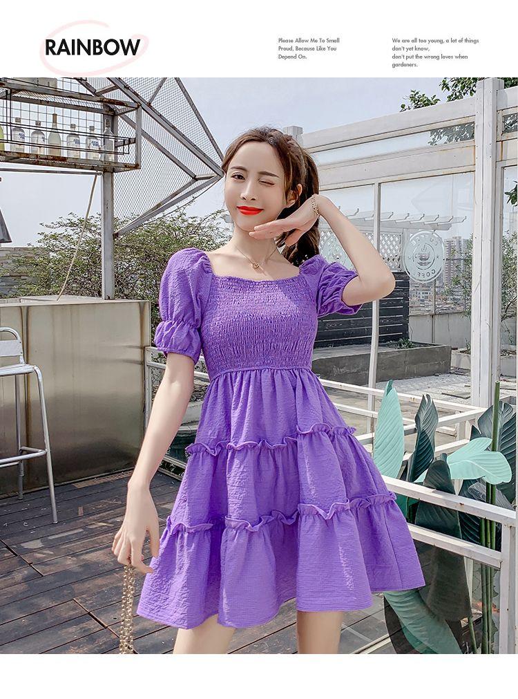 DIYIWEI Phụ nữ mùa hè 2023 Square Neck Pleated Bubble Sleeve Thu hẹp eo Khoai tây tím Vintage Pháp Orange Terrier Dress