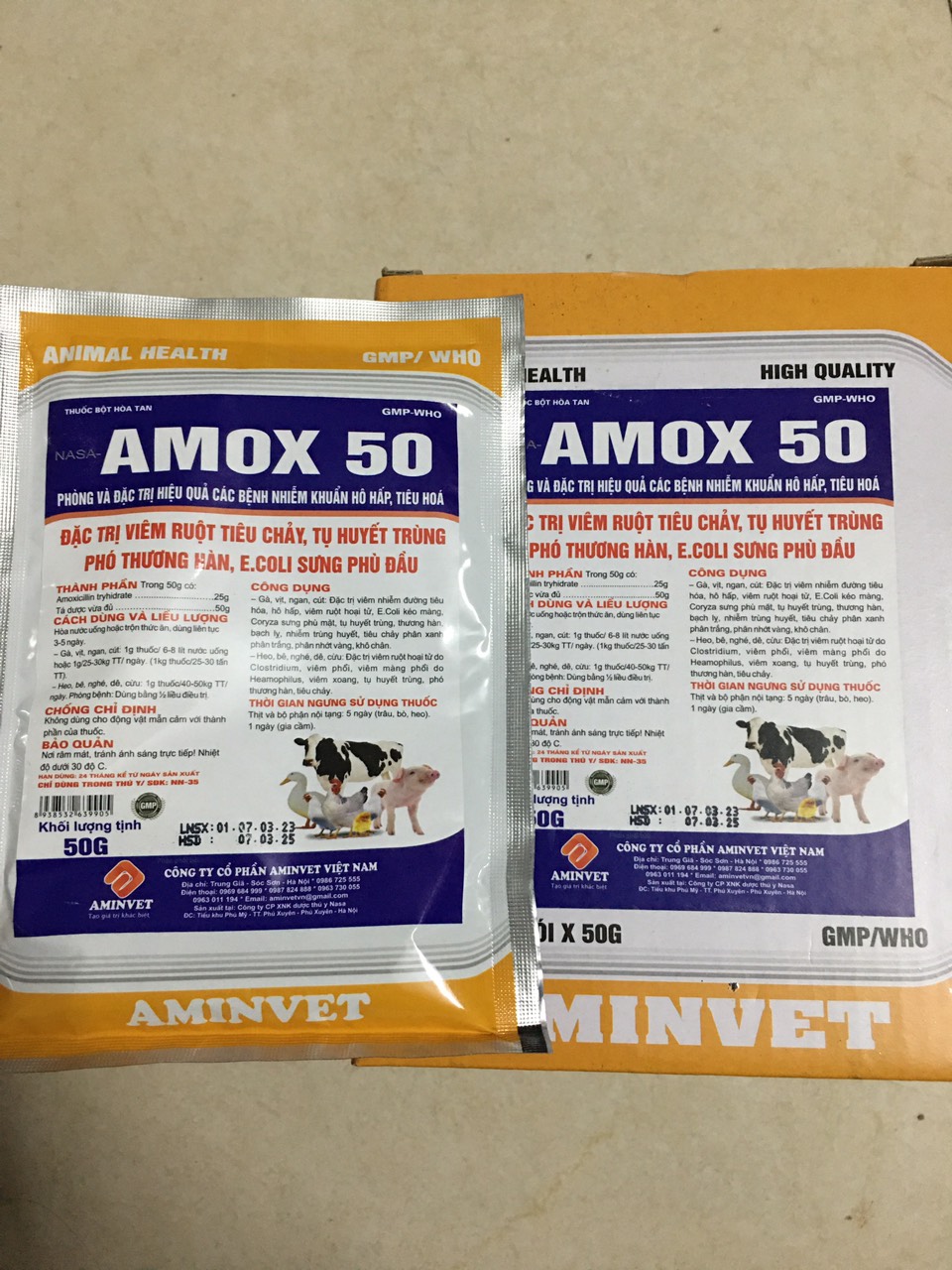 Amox 50% aminvet (50gam) viêm ruột, tiêu chảy, tụ huyết trùng gia súc, gia cầm