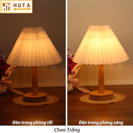 Đèn Ngủ Để Bàn HUTA G5 Gỗ Chao Xếp Ly Vintage Dễ Thương, Decor Trang Trí Phòng Ngủ, Đọc Sách Đầu Giường, Điều Chỉnh Độ Sáng, Đèn Vàng Bóng LED Tiết Kiệm Điện