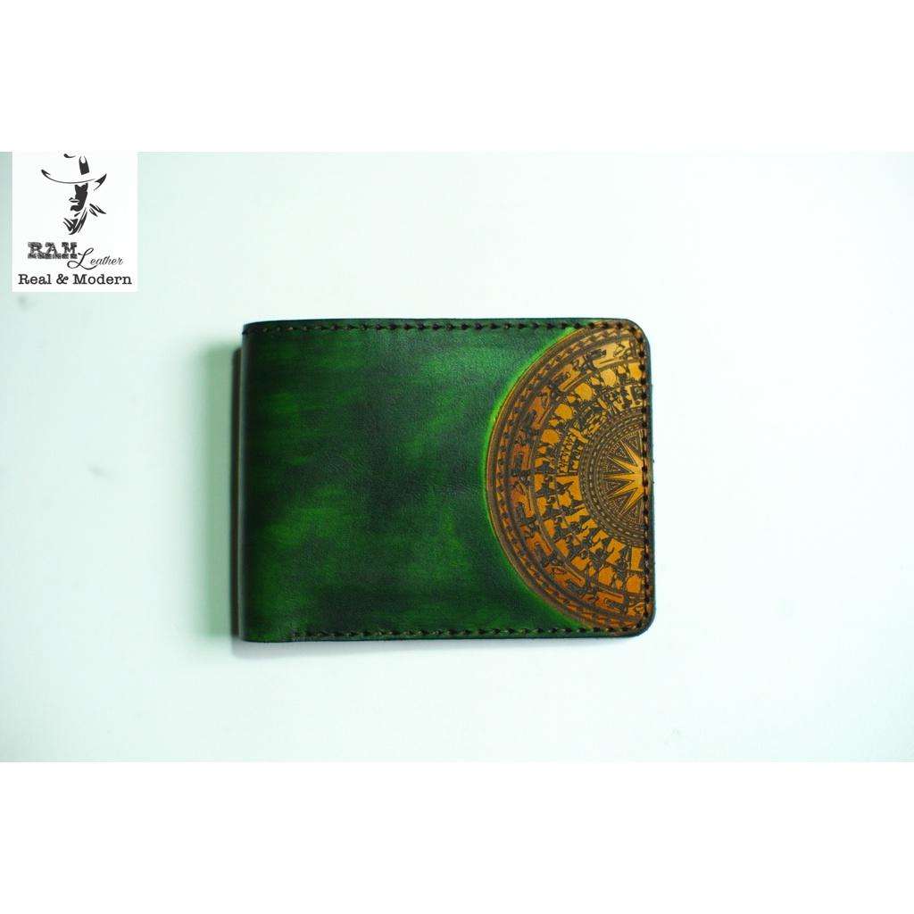Ví nam trống đồng xanh lá  da bò thảo mộc handmade bền chắc cao cấp dáng ngang - chính hãng RAM Leather