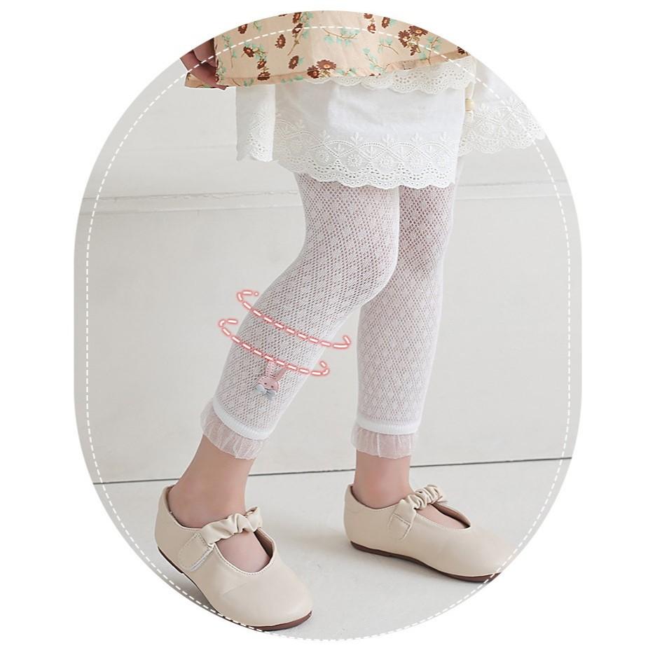 Quần tất không bàn cho bé gái, quần legging lưới mỏng, co giãn 4 chiều đính nhiều họa tiết size từ 1 đến 10 tuổi - Trắng - nơ