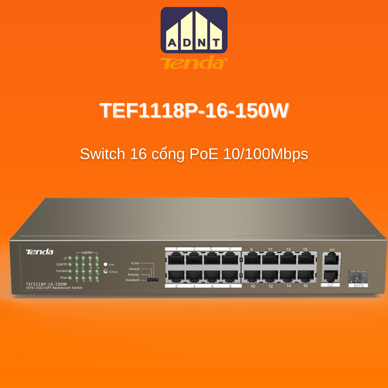 Bộ chia mạng switch 16 cổng PoE và 1 port 10/100/1000Mbps TEF1118-16-150W Tenda hàng chính hãng