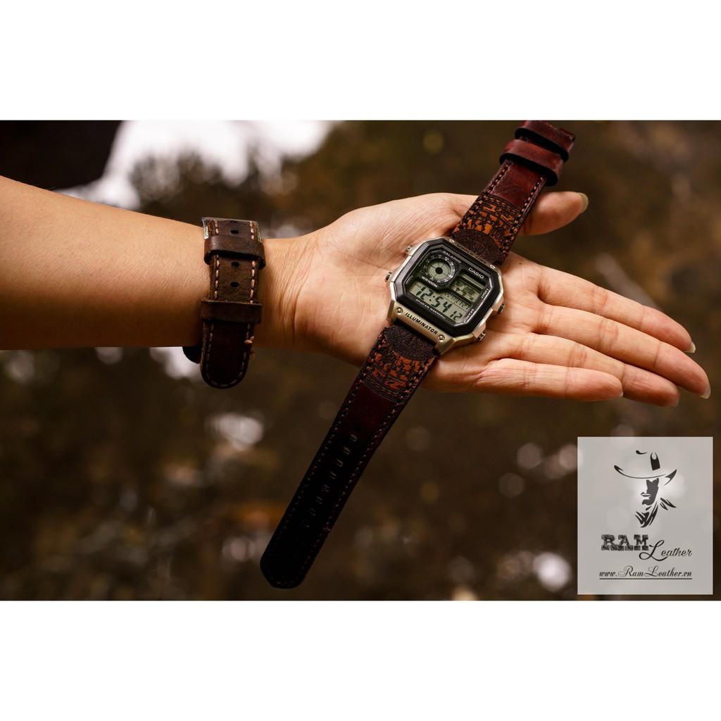 DÂY ĐỒNG HỒ TRỐNG ĐỒNG CASIO AE1200/SEIKO5 CHOCOLA DA BÒ THẬT