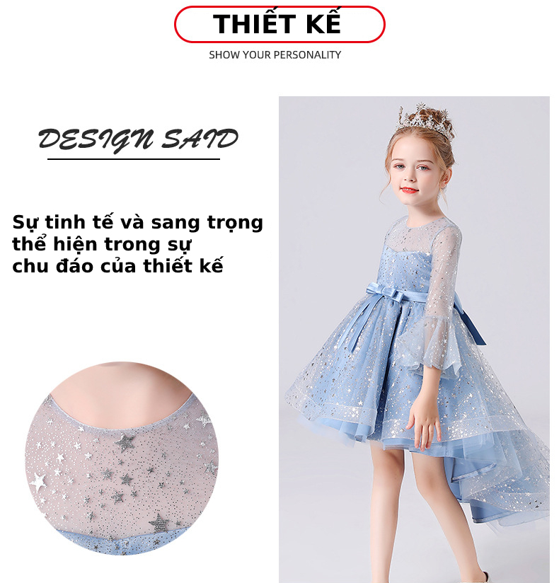 Váy đầm bé gái dễ thương, váy đuôi dài dự tiệc cho bé từ 6-12 tuổi màu xanh dương