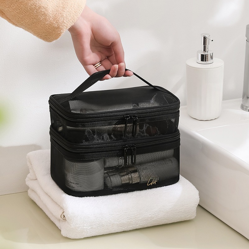 Túi Đựng Mỹ Phẩm, Đồ Trang Điểm 2 Tầng Bằng Vải Lưới Nhẹ Gọn, Dễ Giặt Vệ Sinh Tiện Dụng