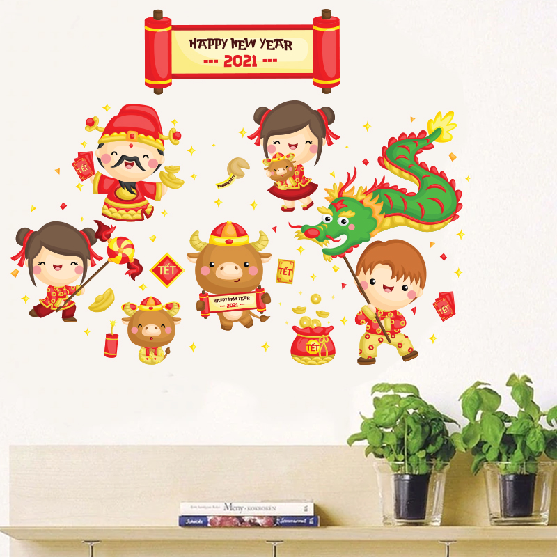 Hình Dán Tường Trang Trí Phòng Khách,Trang Trí Quán,Trang Trí Phòng Ngủ | Decal Dán Tường Chủ Đề Vui Chơi Ngày Tết